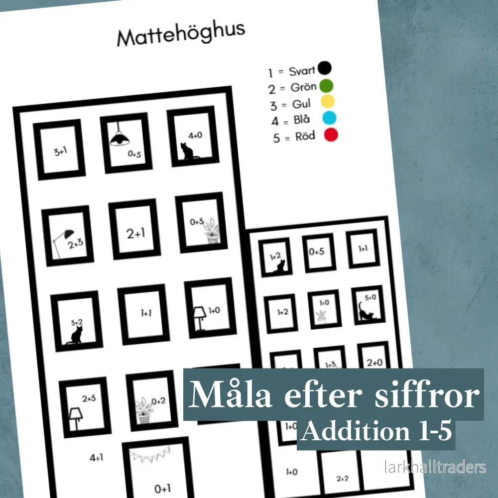 Matte-höghus. Arbetsblad måla efter siffror. Addition 1-5 Matte-höghus. Arbetsblad måla efter siffror. Addition 1-5