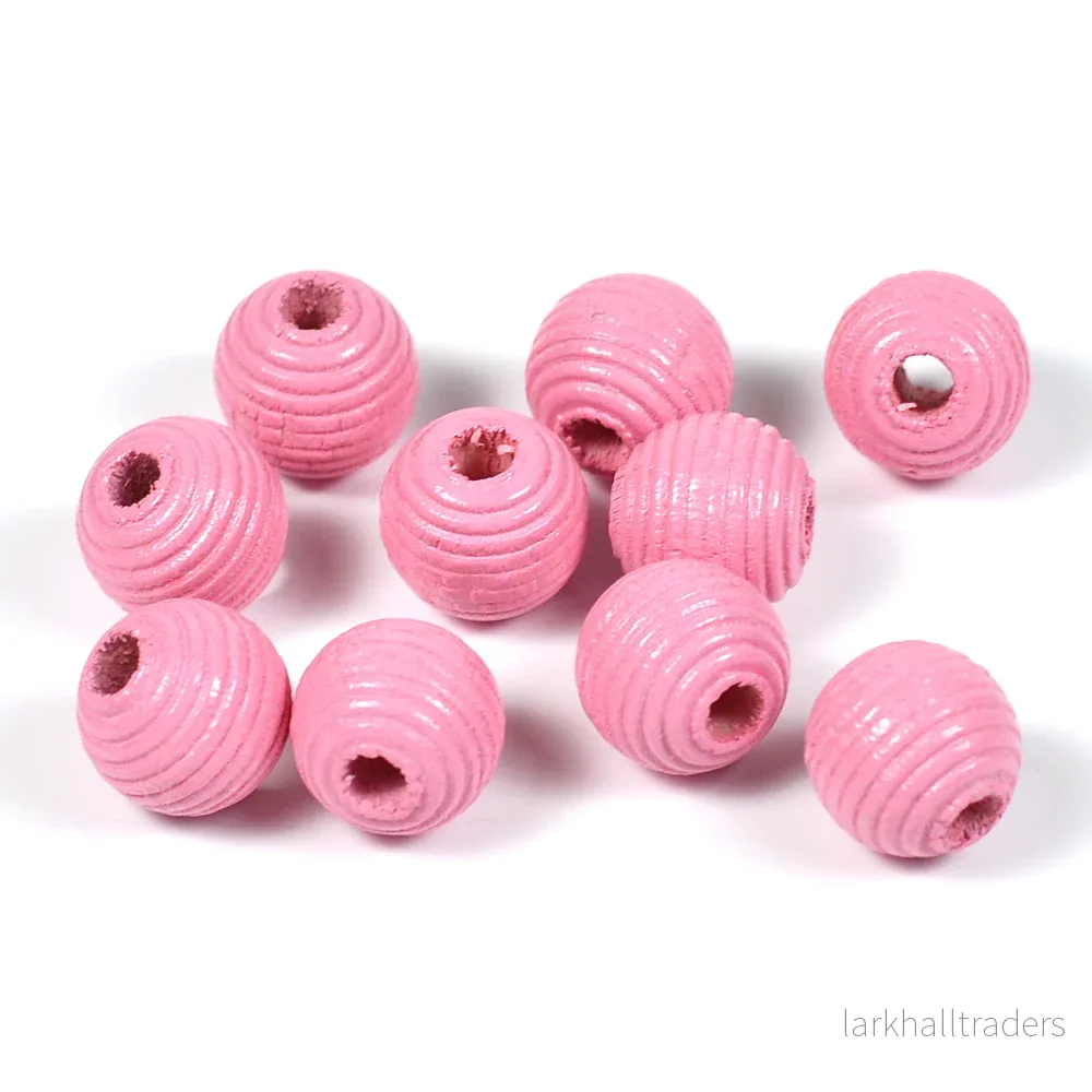 Räfflade träpärlor, 10mm, rosa, 35st