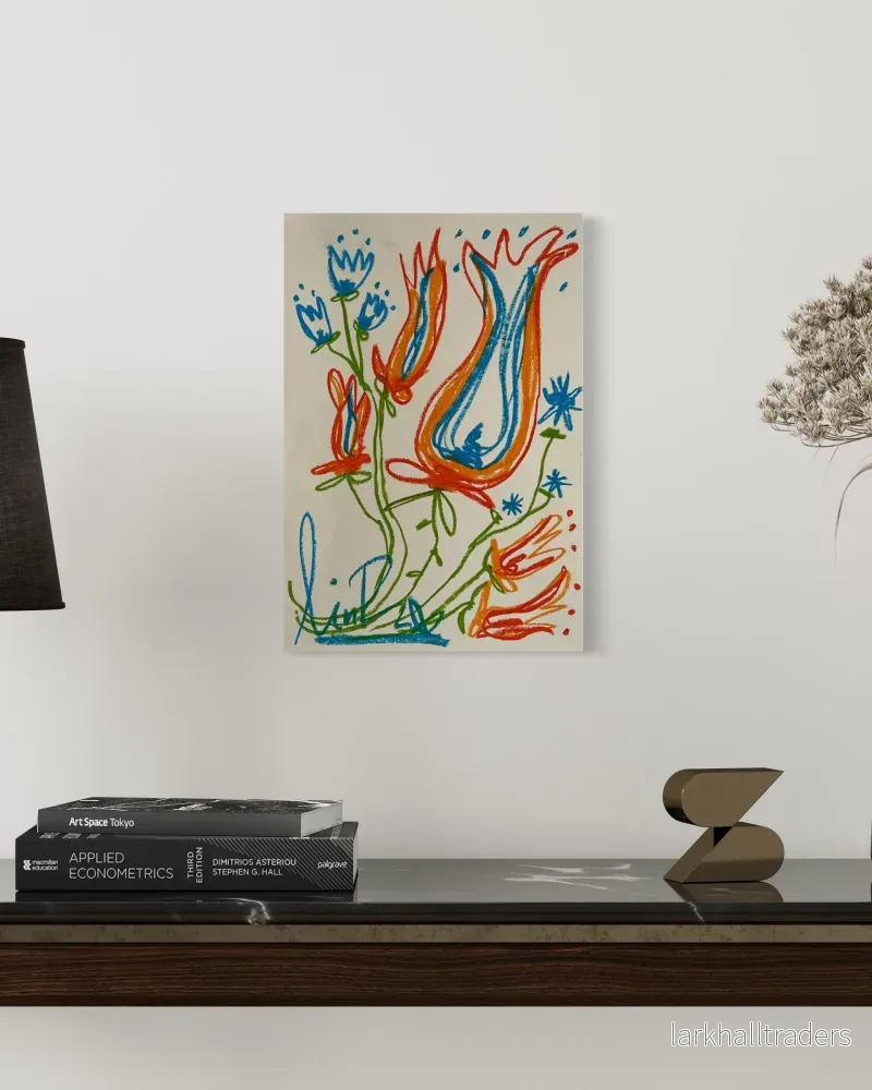 Whimsical Florals, Orange, Röd och Blå, A3, Original Målning - Bild 3
