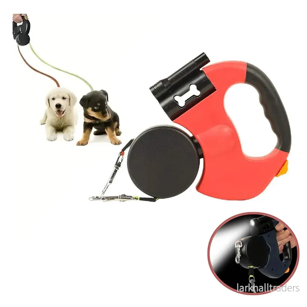 Dubbel Hundkoppel med Inbyggd LED-Belysning och Hundpåsehållare Dubbel Hundkoppel med Inbyggd LED-Belysning och Hundpåsehållare