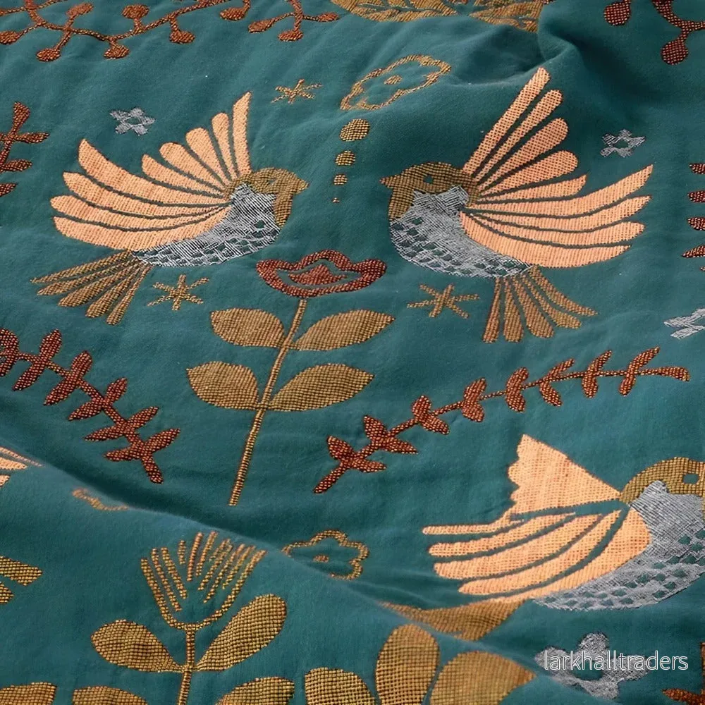 BohoFeather Filt – Vändbar Broderad Bomullsfilt med Fåglar & Blommor - Bild 3