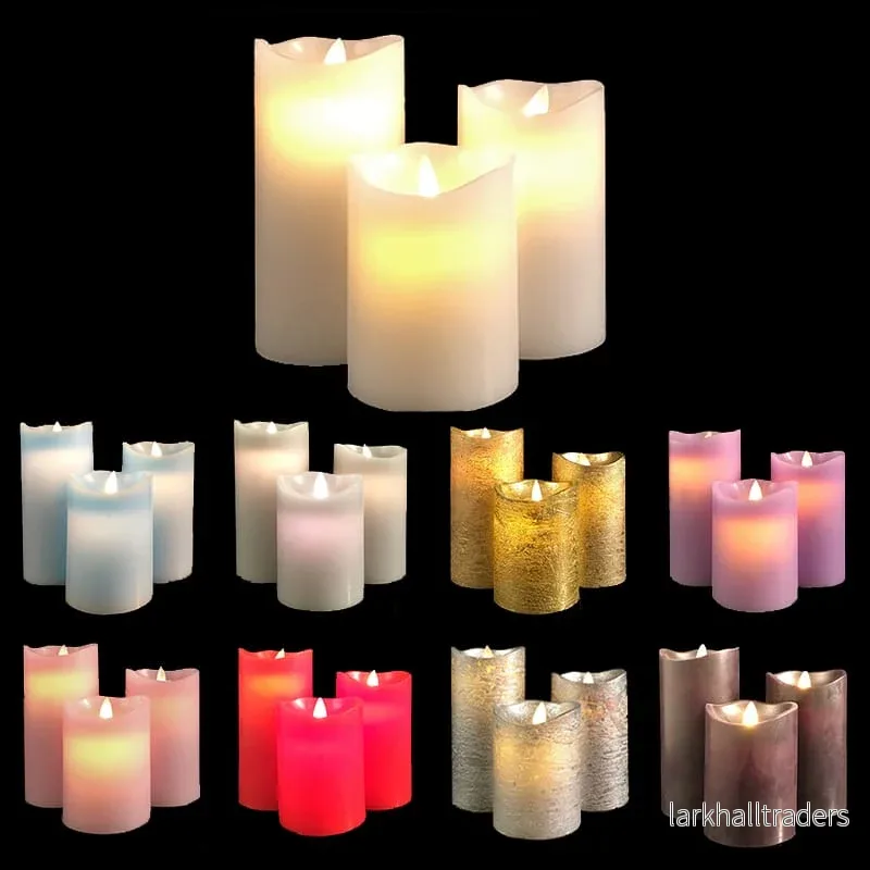 LED blockljus – 3 st. – 12/15/17 cm – m/3D-låga – (fler färger)