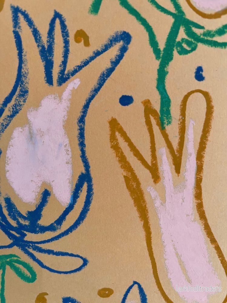Whimsical Florals on Orange Background, Grön, Mustard och Blå, A3, Original Målning - Bild 2