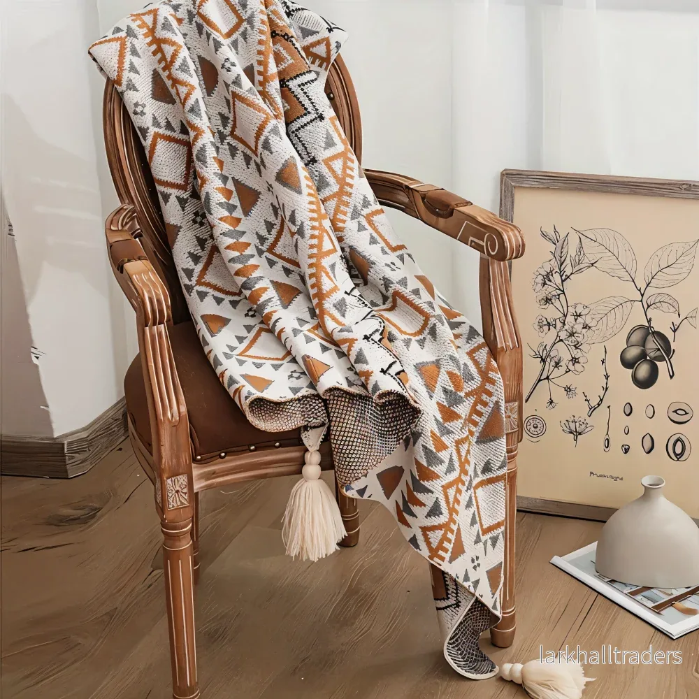 WeaveAura – Boho Pläd med Geometriskt Mönster & Tofsar - Bild 2