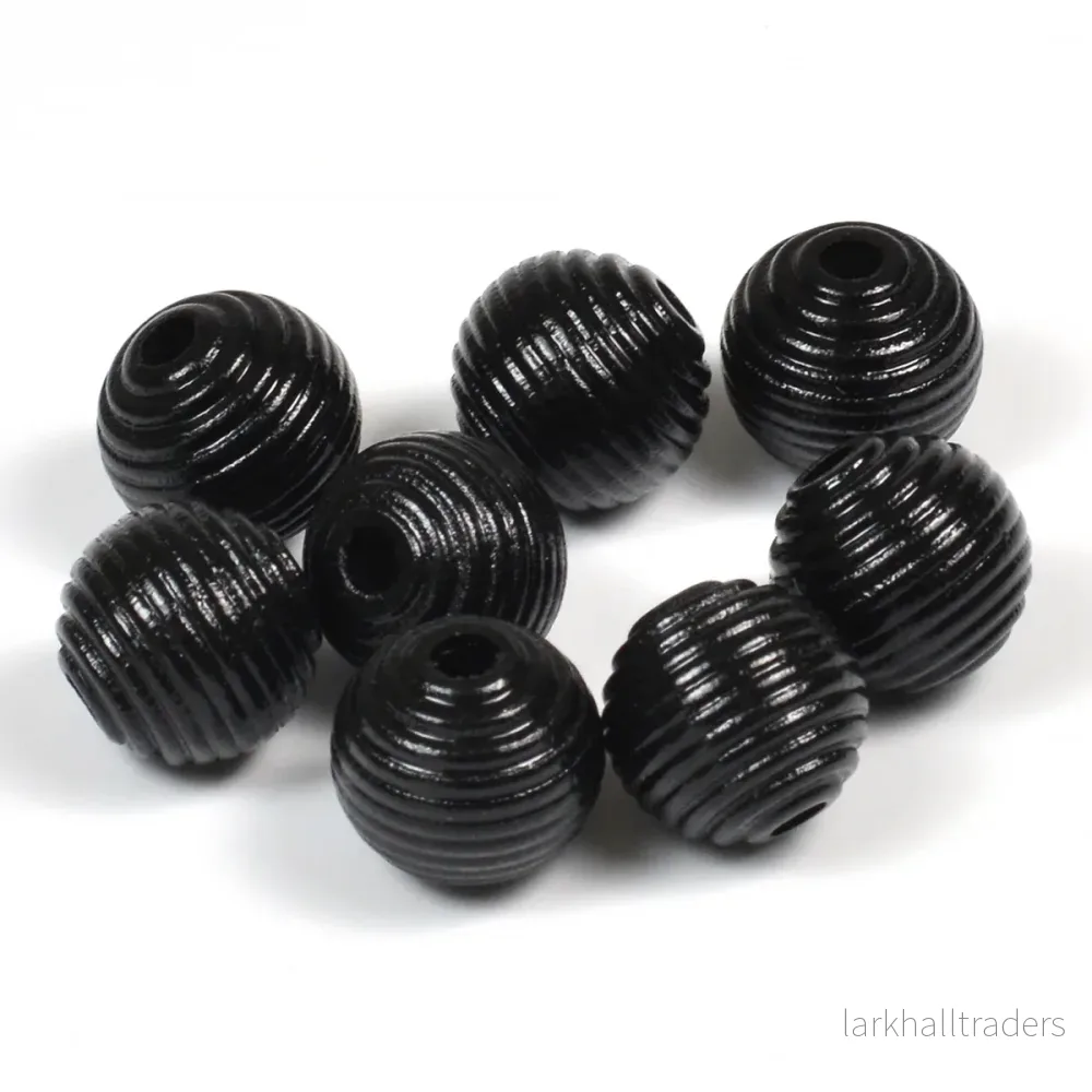 Räfflade träpärlor, 14mm, svart, 16st