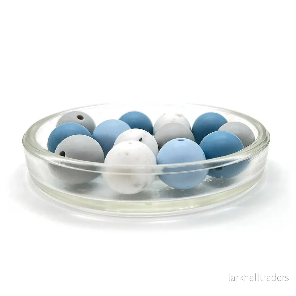 Set med silikonpärlor, ”blå/grå/granit”, 15mm, 15-pack Set med silikonpärlor, ”blå/grå/granit”, 15mm, 15-pack