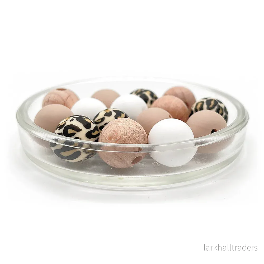 Set med silikonpärlor, ”leopard”, 15mm, 15-pack Set med silikonpärlor, ”leopard”, 15mm, 15-pack