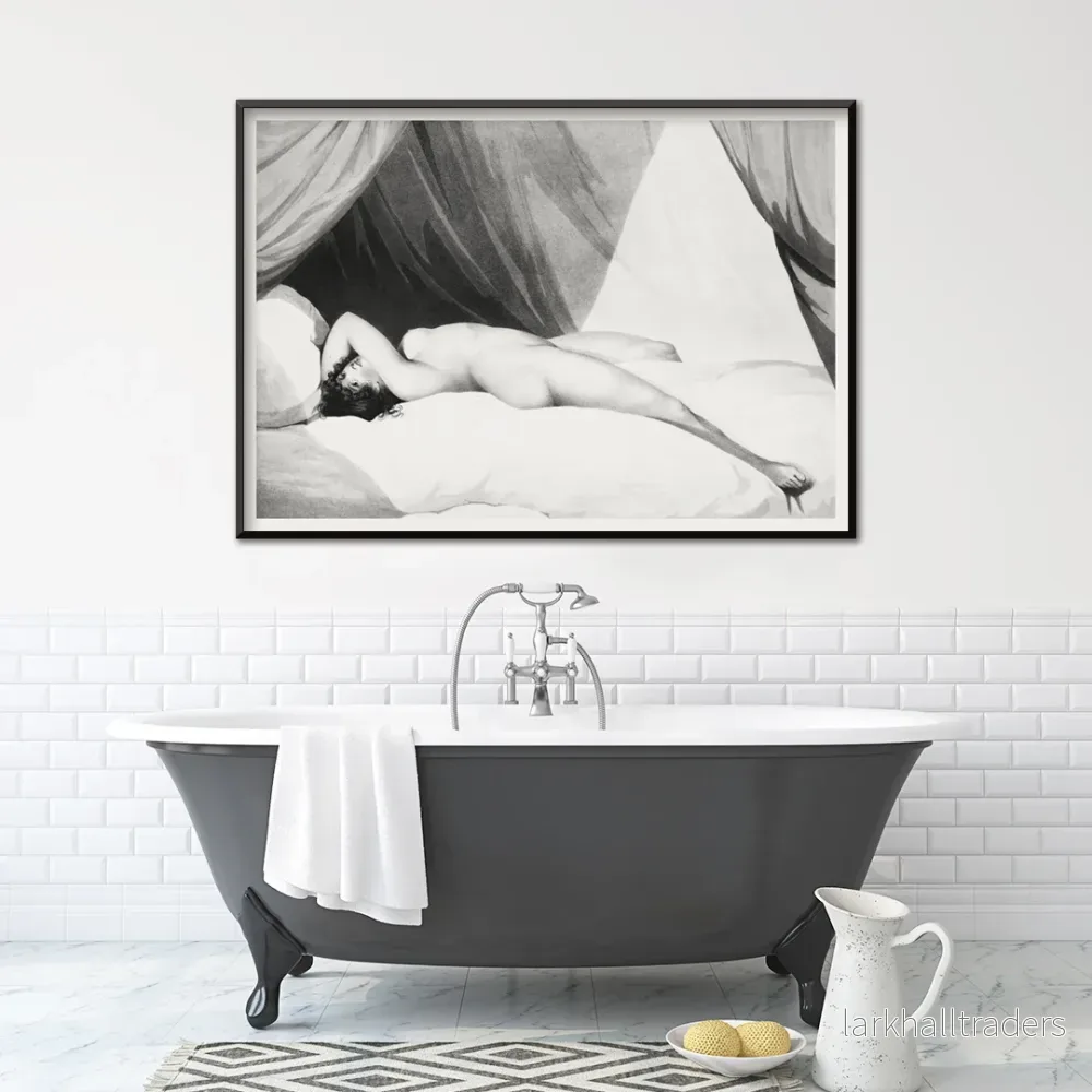 Naken på gardinprydd säng Poster Naken på gardinprydd säng Poster