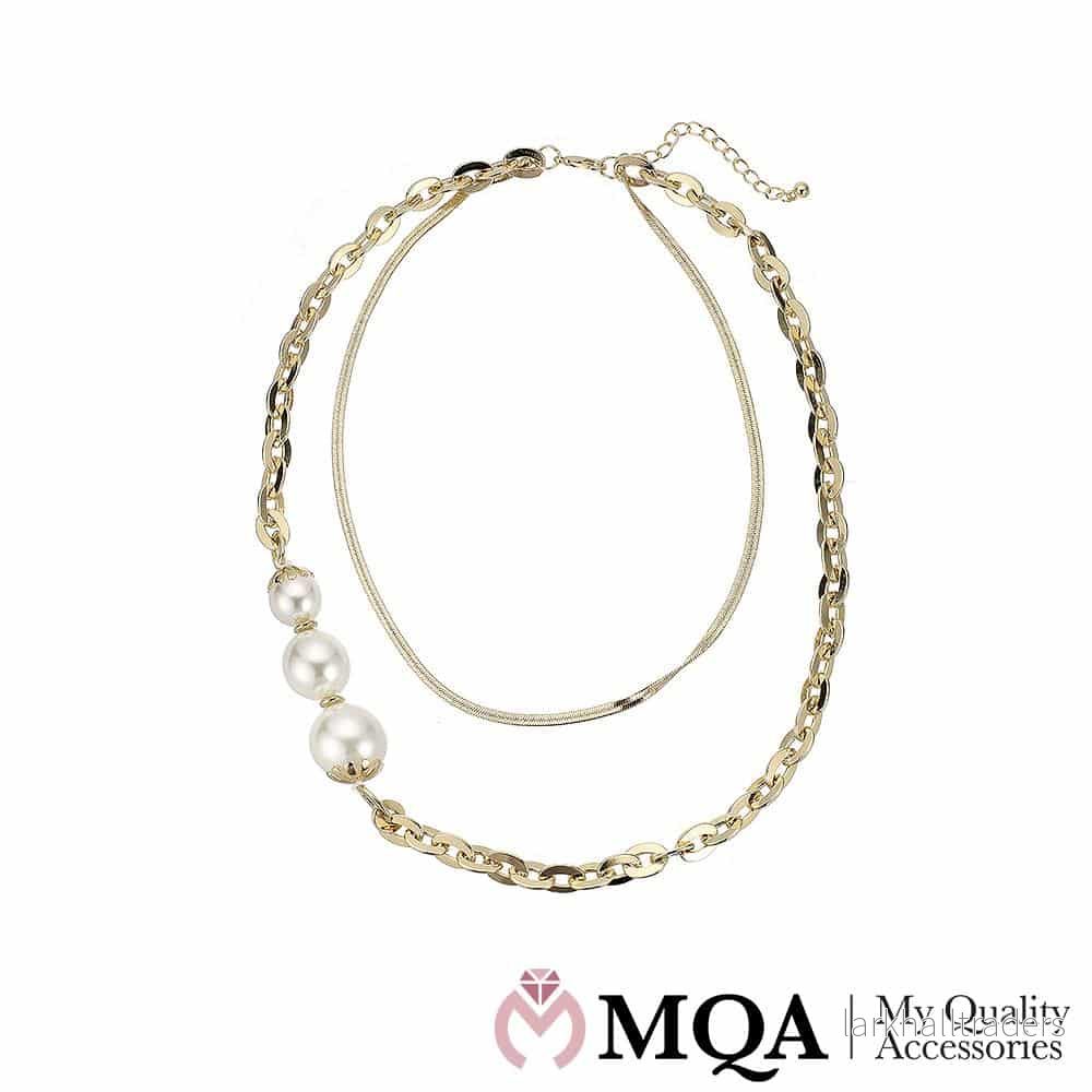 Halsband guldfärgat, dubbelt, med 3 pärlor, justerbart