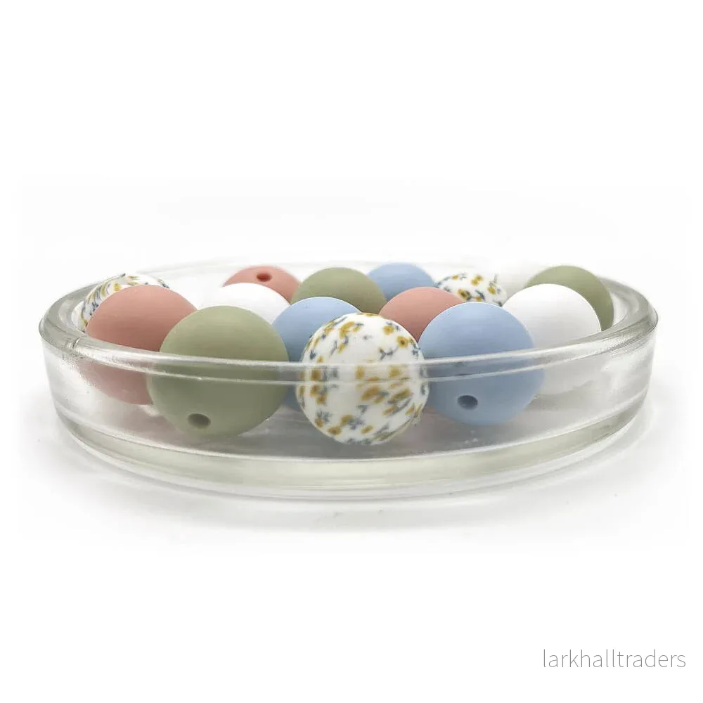 Set med silikonpärlor, "floral print", 15mm, 15-pack