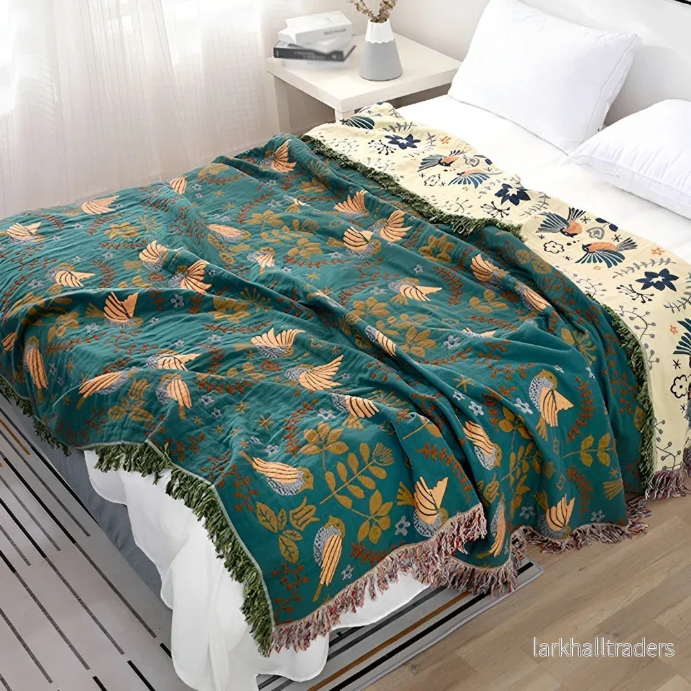 BohoFeather Filt – Vändbar Broderad Bomullsfilt med Fåglar & Blommor