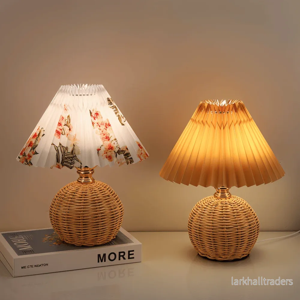 Brolly – Plisserad Retro Bordslampa i Rotting med Konisk Skärm Brolly – Plisserad Retro Bordslampa i Rotting med Konisk Skärm