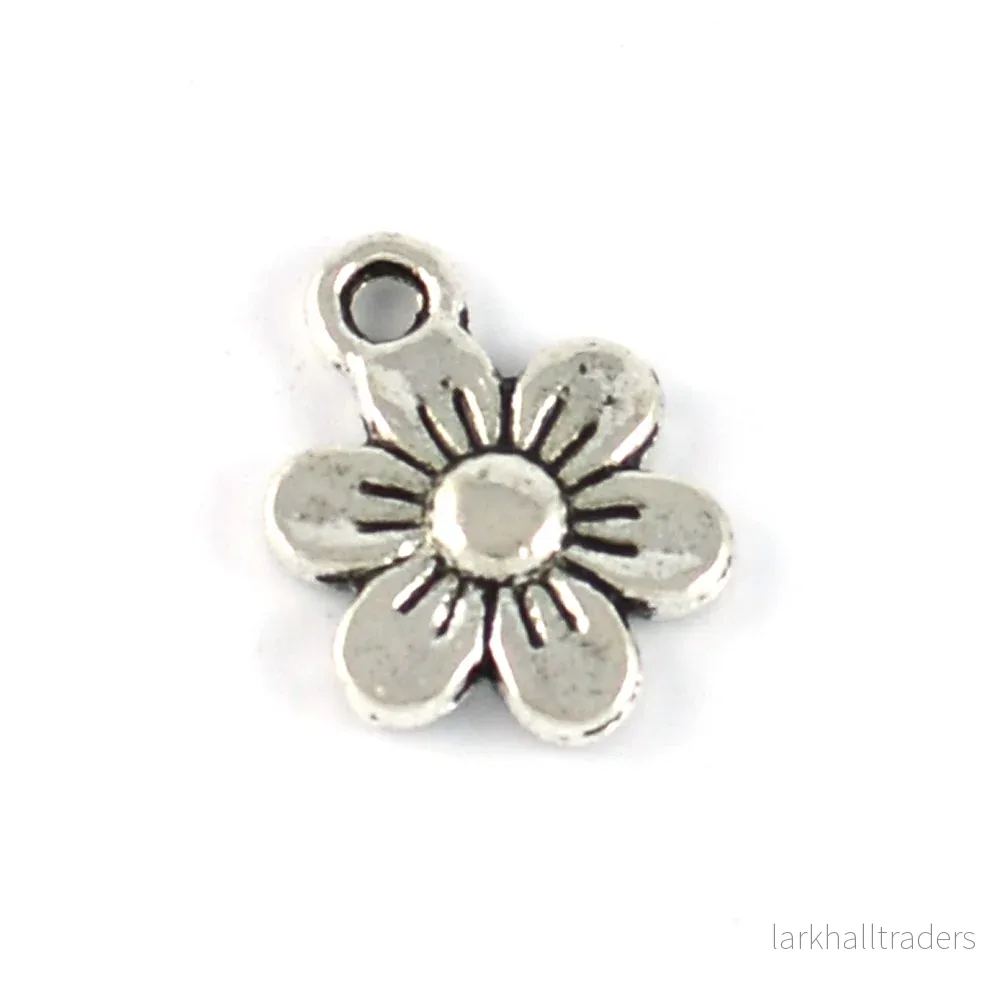 Berlock, blomma, antiksilver, 10mm, 10st